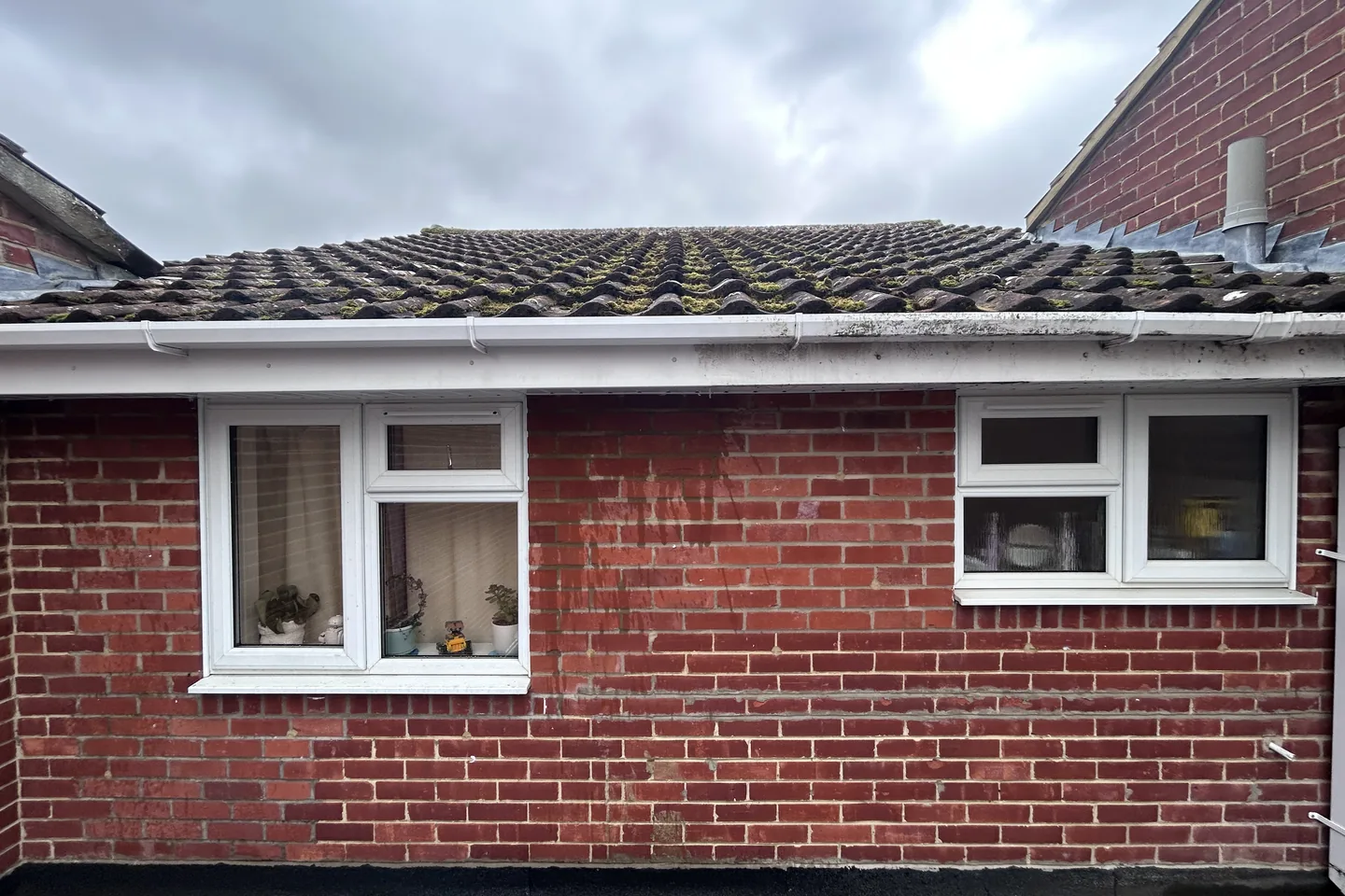 Fascias, soffits and gutter on an Essex bungalow. Cleaned on the left, still green on the right